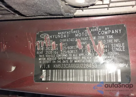 2016 Hyundai Tucson Se z USA, uszkodzony, nr VIN KM8J3CA46GU228453